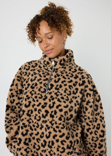 Brown Leopard Borg Half Zip Jumper