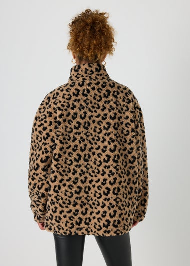 Brown Leopard Borg Half Zip Jumper