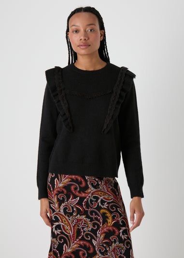 Black Pointelle Frill Knitted Jumper