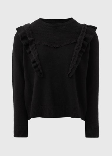 Black Pointelle Frill Knitted Jumper