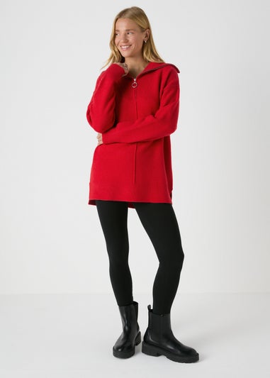 Red Zip Neck Knitted Tunic