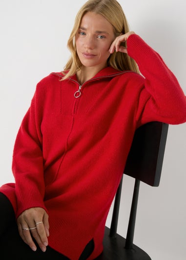 Red Zip Neck Knitted Tunic