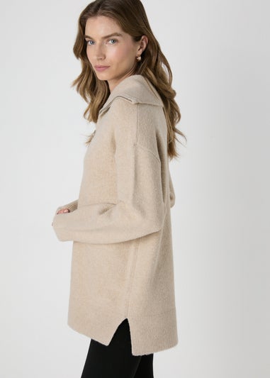 Beige Half Zip Knitted Tunic