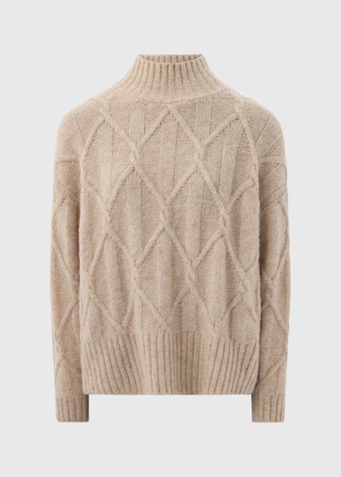 Beige Cable Knit High Neck Jumper