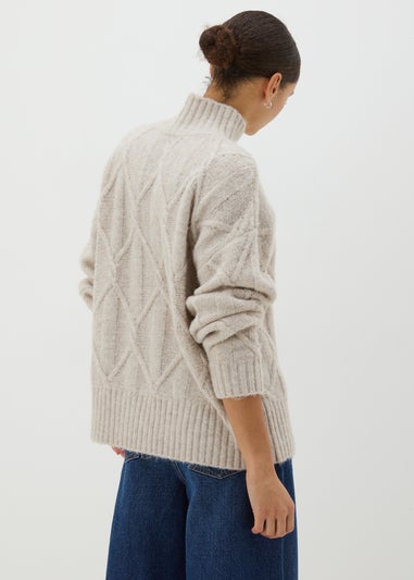 Beige Cable Knit High Neck Jumper