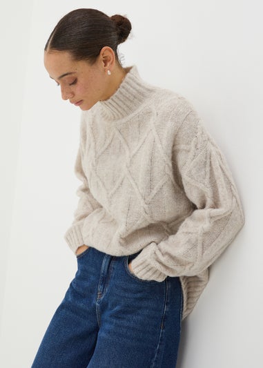 Beige Cable Knit High Neck Jumper