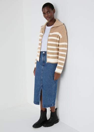 Beige Stripe Zip Knitted Cardigan