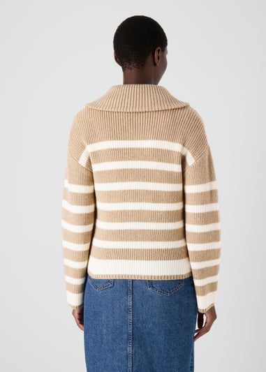 Beige Stripe Zip Knitted Cardigan