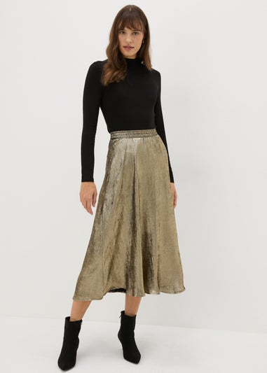 Gold Crushed Metallic Midaxi Skirt