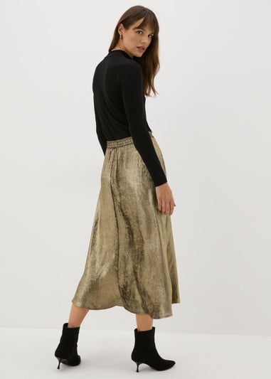 Gold Crushed Metallic Midaxi Skirt