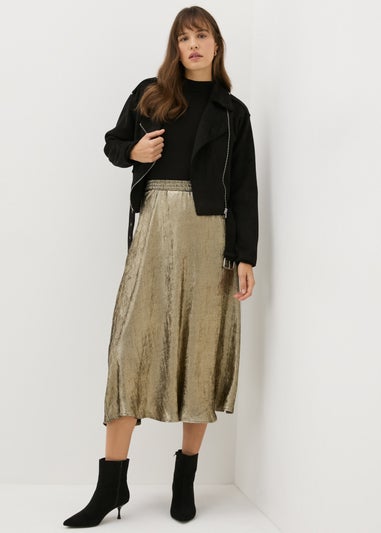 Gold Crushed Metallic Midaxi Skirt