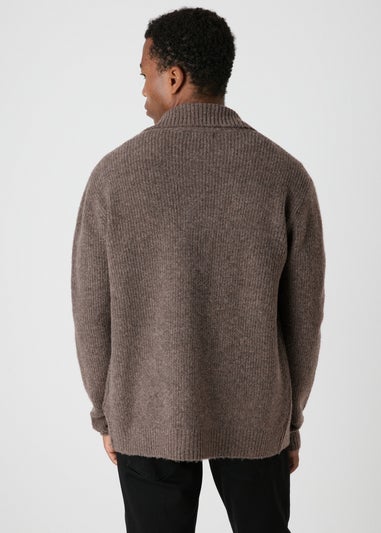 Brown Funnel Neck Button Knit Cardigan