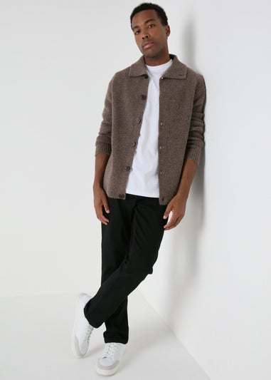 Brown Funnel Neck Button Knit Cardigan