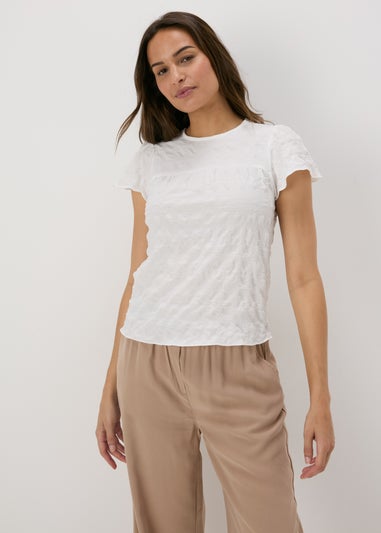 White Seersucker Ruffle Sleeve T-Shirt