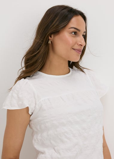 White Seersucker Ruffle Sleeve T-Shirt