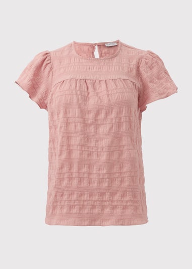 Pink Seersucker Ruffle Sleeve T-Shirt