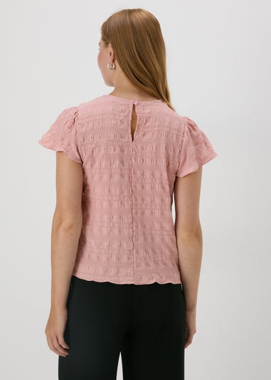 Pink Seersucker Ruffle Sleeve T-Shirt