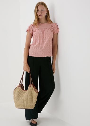 Pink Seersucker Ruffle Sleeve T-Shirt