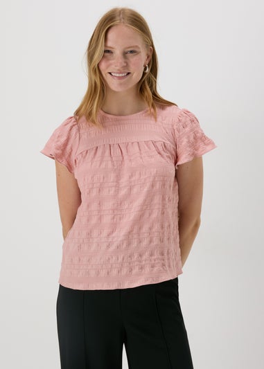 Pink Seersucker Ruffle Sleeve T-Shirt