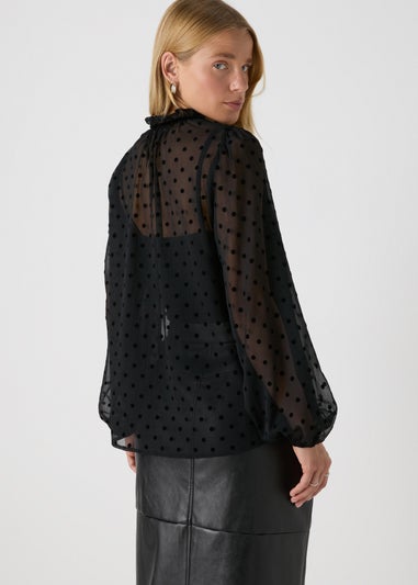 Black Dobby Spot Tie Neck Blouse