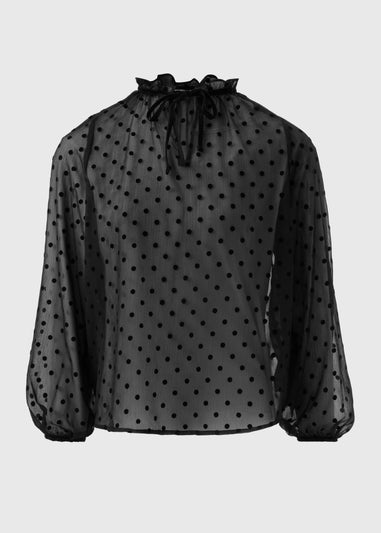 Black Dobby Spot Tie Neck Blouse