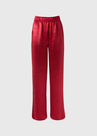 Red Textured Satin Wide Leg Trousers