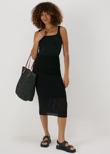 Black Textured Knit Midi Skirt