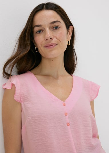 Pink Frill Sleeve Button Blouse