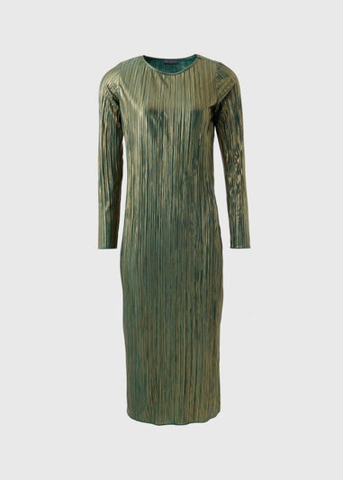 Green Metallic Plisse Midi Dress