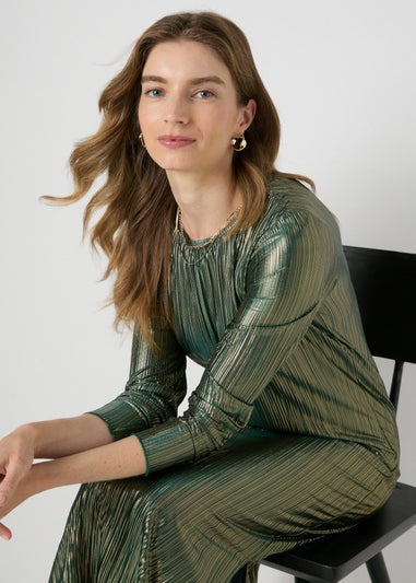 Green Metallic Plisse Midi Dress