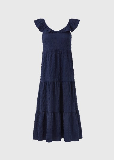 Navy Tiered Textured Midaxi Dress