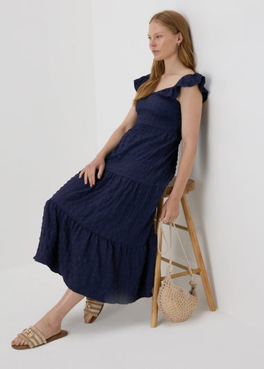 Navy Tiered Textured Midaxi Dress