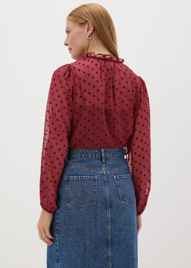 Burgundy Dobby Spot Tie Neck Blouse