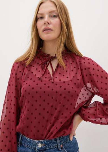 Burgundy Dobby Spot Tie Neck Blouse