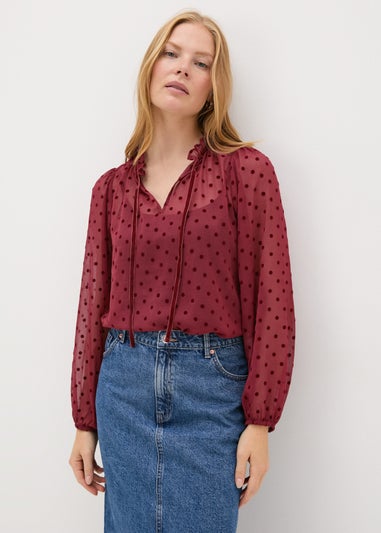 Burgundy Dobby Spot Tie Neck Blouse