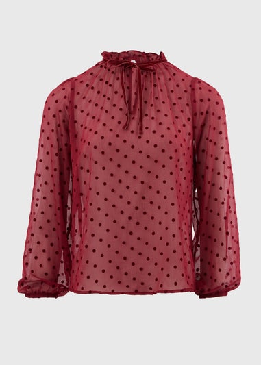 Burgundy Dobby Spot Tie Neck Blouse