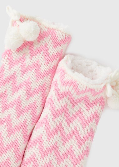 Girls Pink Zig Zag Chunky Slipper Socks (Younger 6-Older 5.5)