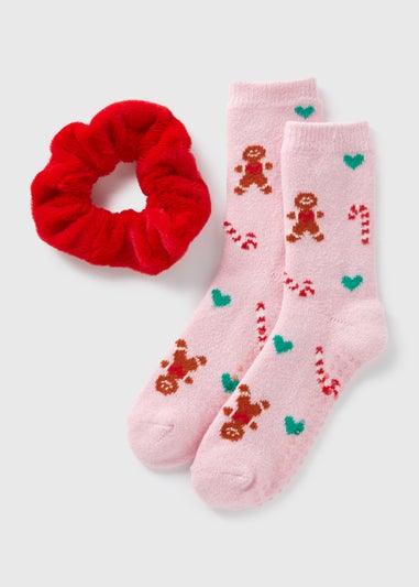 Girls Pink Christmas Sock & Scrunchie Set (Younger 6-Older 5.5)