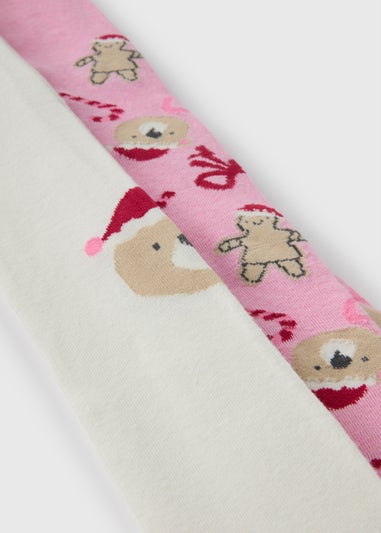 2 Pack Pink & Cream Christmas Bear Tights (2-11yrs)