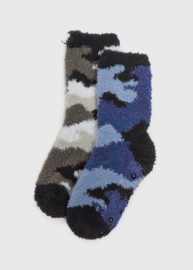 2 Pack Boys Navy Camouflage Fluffy Socks (Younger 6- Older 6.5)