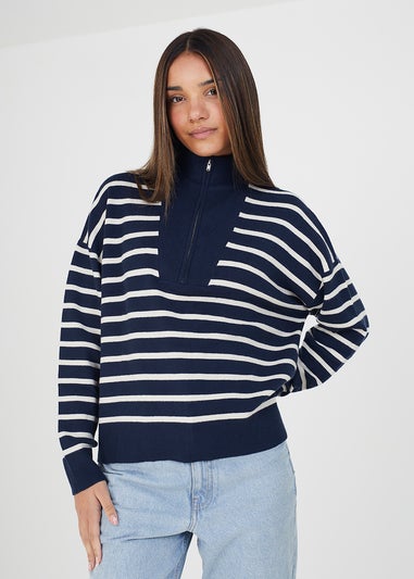 Brave Soul Navy Jottie Striped 1/2 Zip Knitted Jumper