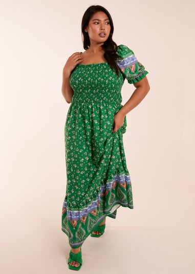 Blue Vanilla Green Curve Shirred Floral Maxi Dress