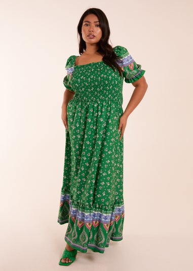 Blue Vanilla Green Curve Shirred Floral Maxi Dress