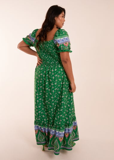 Blue Vanilla Green Curve Shirred Floral Maxi Dress