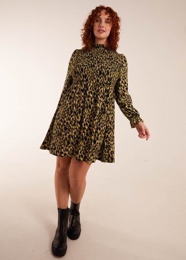 Blue Vanilla Green Curve Leopard Print Shirred Trapeze Mini Dress