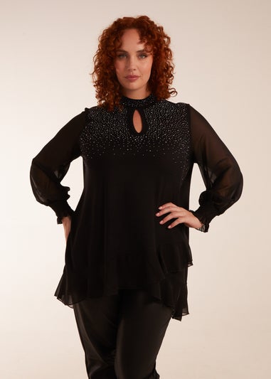 Blue Vanilla Black Curve Rhinestone High Neck Top