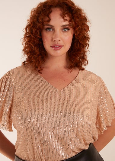 Blue Vanilla Gold Curve Angel Sleeve V-Neck Sequin Top