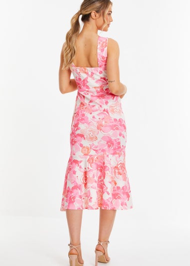 Quiz Pink Floral Print Frill Halter Neck Midi Dress