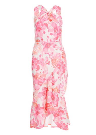 Quiz Pink Floral Print Frill Halter Neck Midi Dress