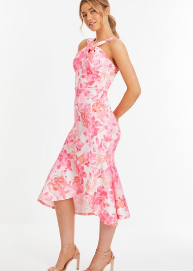 Quiz Pink Floral Print Frill Halter Neck Midi Dress